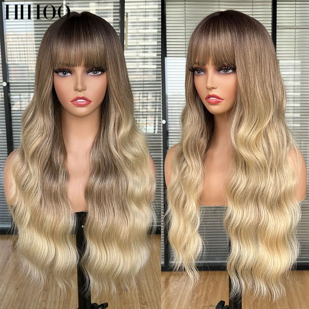 

Ombre Blonde Wig with Bangs for Women Long Synthetic Curly Wavy Wigs with Dark Root Middle Part Wig for Daily Party Wear