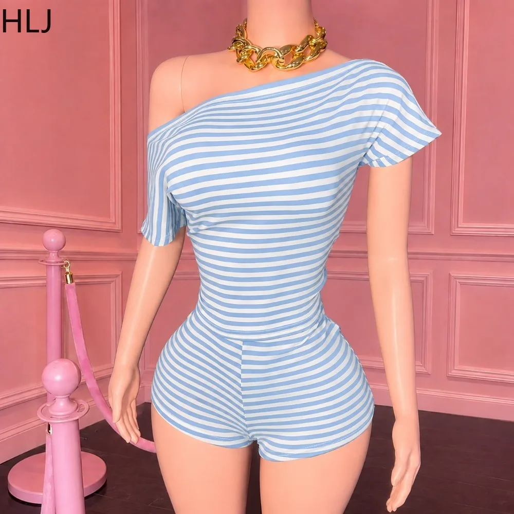 HLJ Women Striped 2 Piece Set Off Shouler Shirt Crop Top + Shorts Matching Streetwear Sets Y2k Two Piece Shorts Women's Clothing