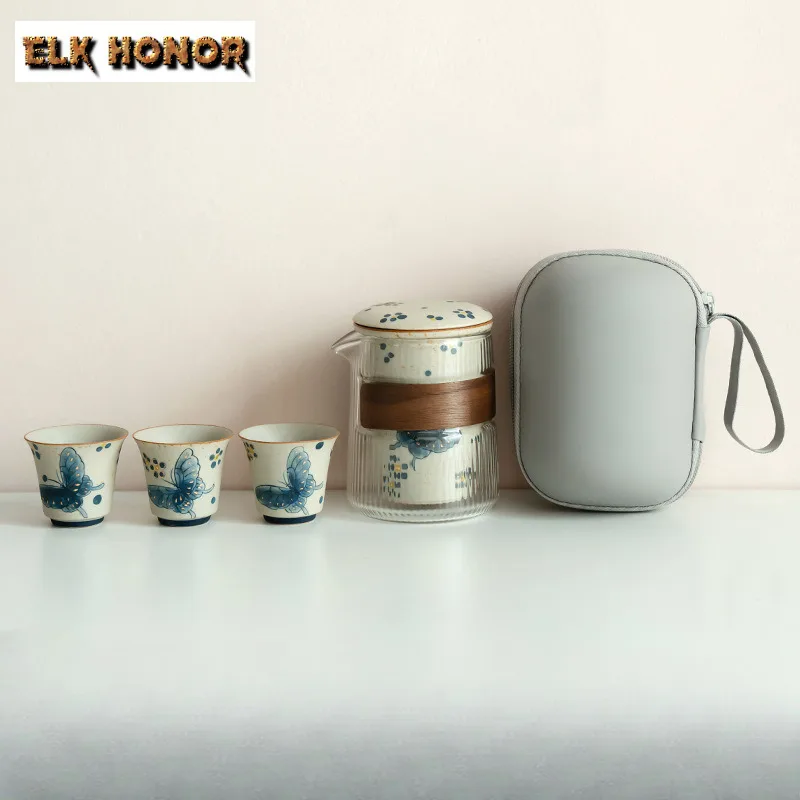 

Hand-painted Blue Butterfly Travel Tea Set Kit Aesthetic 1 Pot 3 Cups Tea Making Organizer Portable Camping Stock Bags Supplies