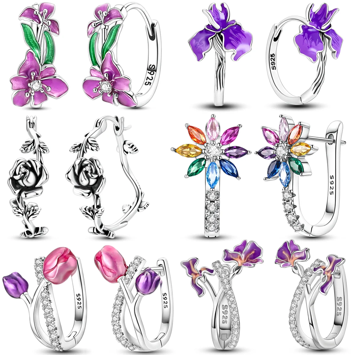 Pendientes de Plata de Ley 925 para Mujer, Diseño de Iris y Tulipán con Circonitas Cúbicas, Aros con Forma de Flor, Pendientes Brillantes, Regalo de Aniversario de Bodas