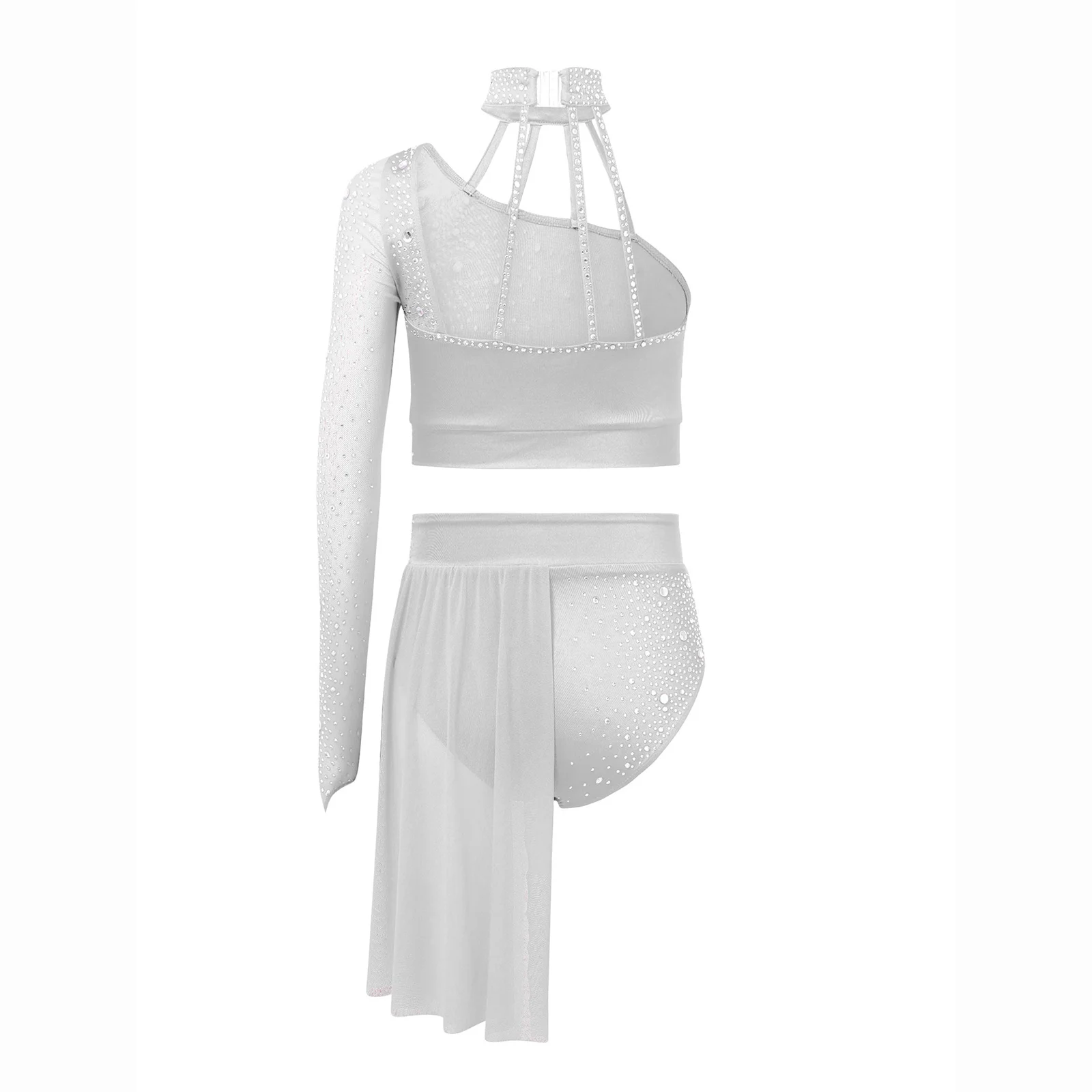 Kids Girls Modern Ballet Dance Outfit One Shoulder Sheer Mesh Long Sleeve Shiny Rhinestone Crop Top with Irregular Skirt image 4