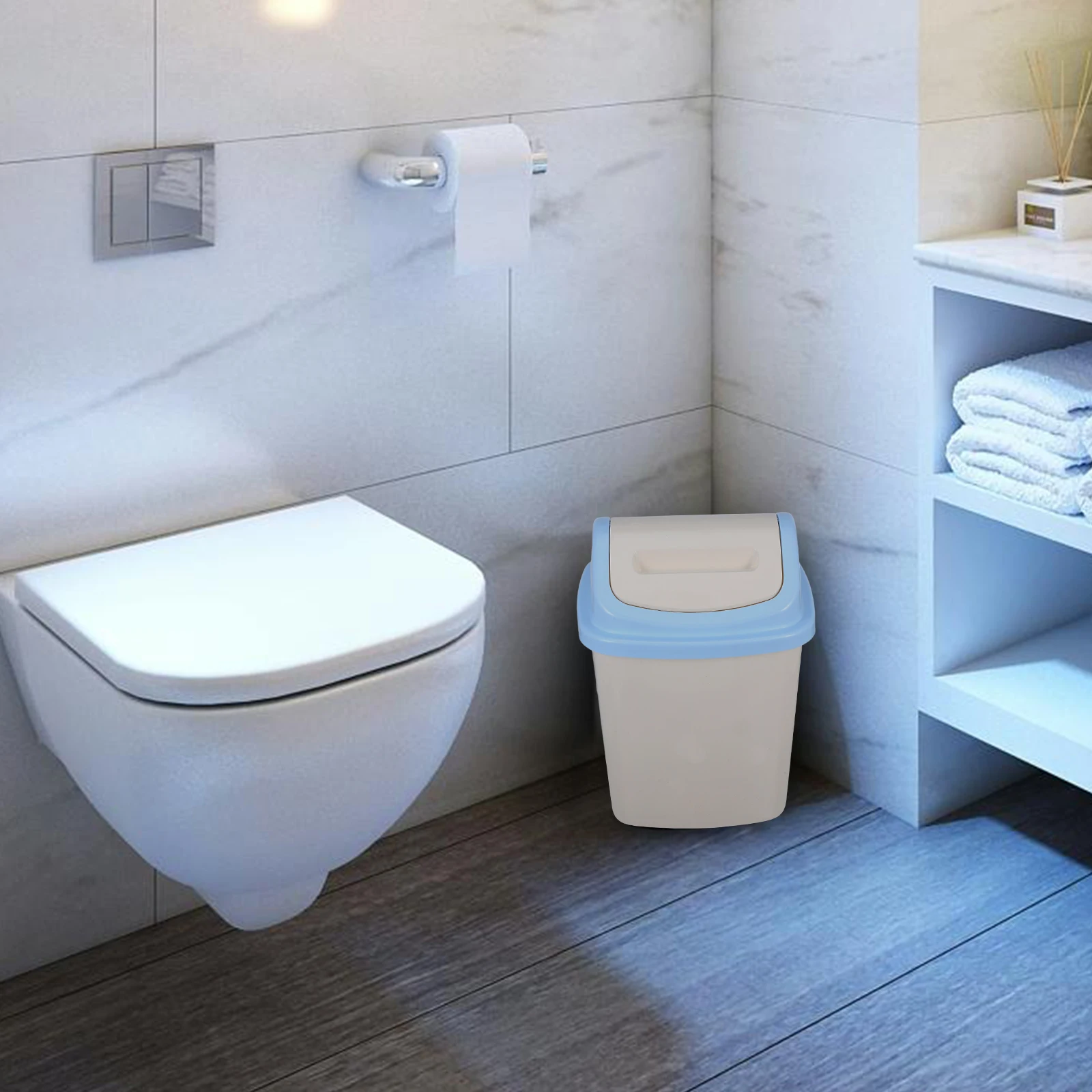 

12L Flip Trash Can Waste Basket Lid Kitchen Bathroom Office Small Square White Blue Garbage Container Household Modern Practical