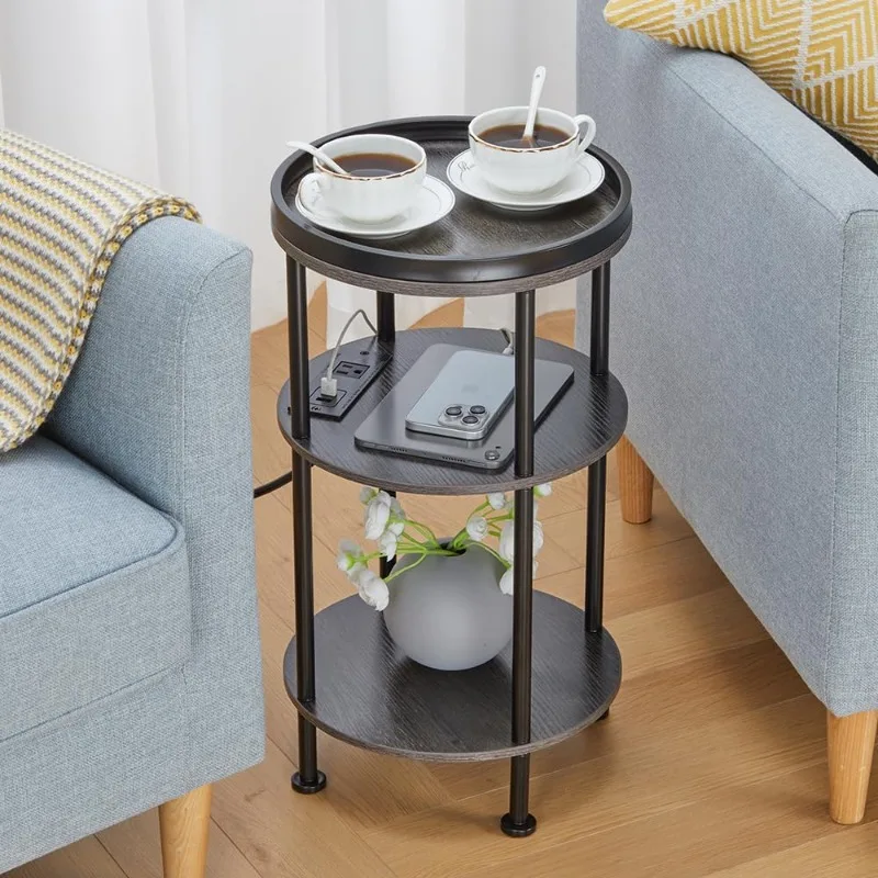 Small Round End Table with Charging Station for Narrow and Small Space, 3-Tier Accent Couch Beside Table with 2 USB Ports