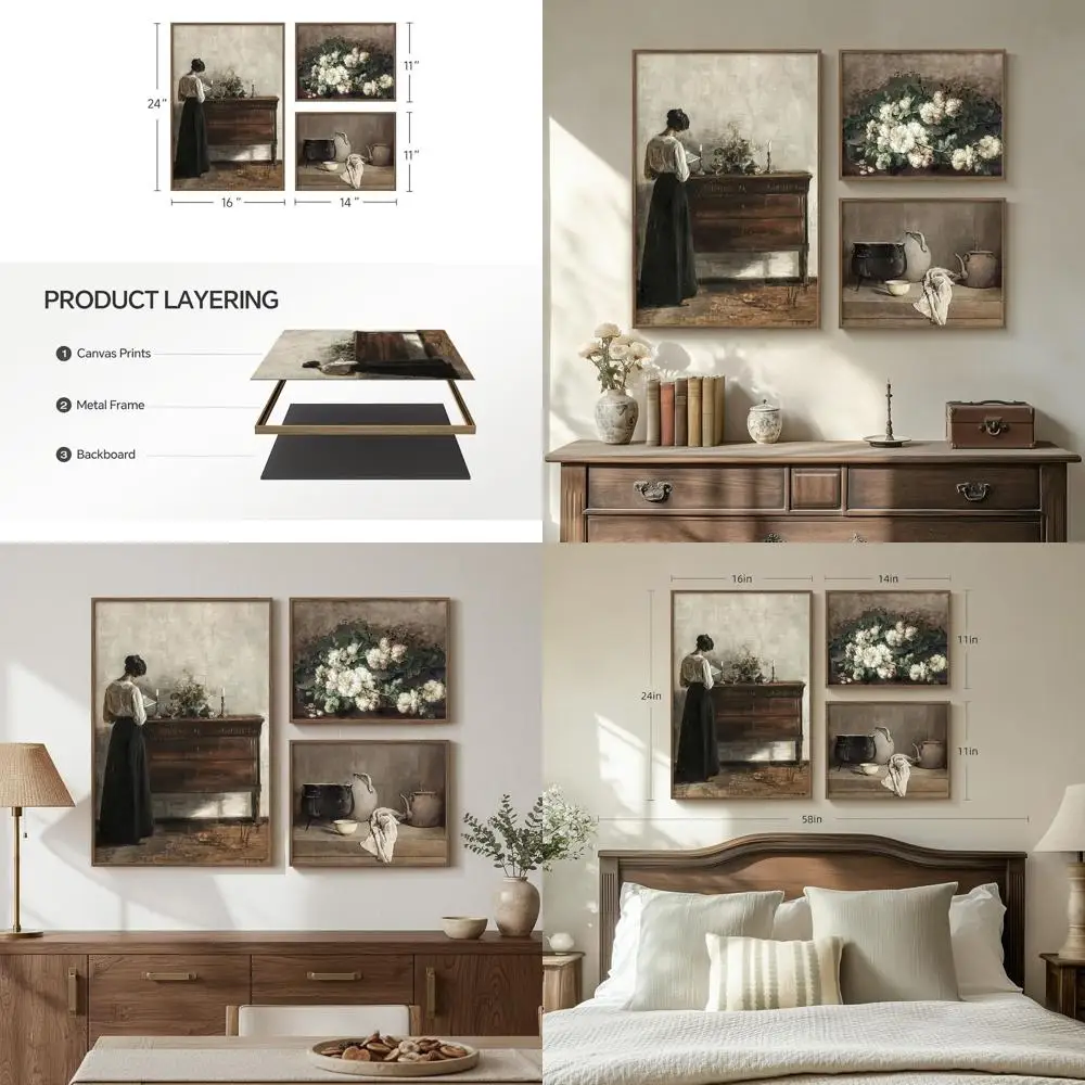 

3-Piece Vintage Canvas Art Set: Rustic Farmhouse Flowers & Woman Prints for Home Decor