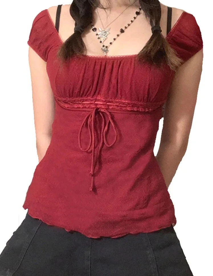 

Aesthetic Sweet Lace Tops Women Off Shoulder Drawstring T-shirt Korean Fashion Female