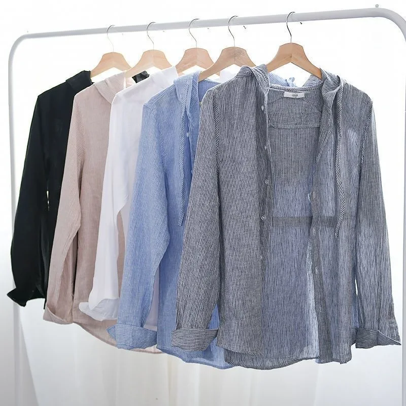 Men's Linen Shirt Summer Casual Hooded Long Sleeved Shirt Lightweight Cotton Linen Breathable Sunscreen Top