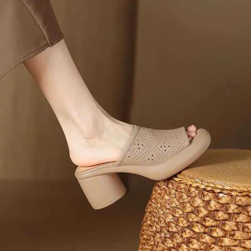 High-Heeled Shoes Lady Ladies\' Slippers PU Low Square heel Slipers Women Platform Fretwork Summer Soft Block 2024 Fabric Slides