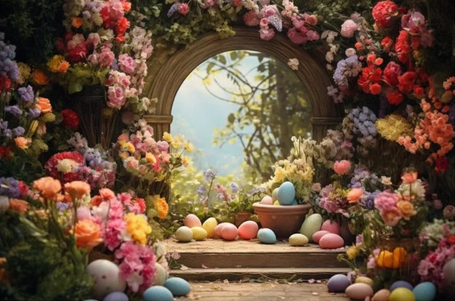 

Premium Outdoor Vintage Easter Arch Easter Egg Spring Garden Pet backdrops party supplies Photography Studio Backgrounds