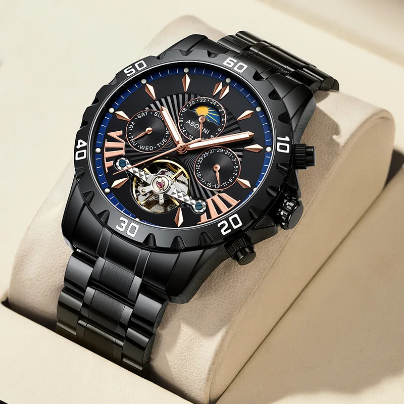 

Мужские автоматические механические часы ABORNI 8831 с многофункциональным календарем, фазами Луны и турбийоном, из нержавеющей стали