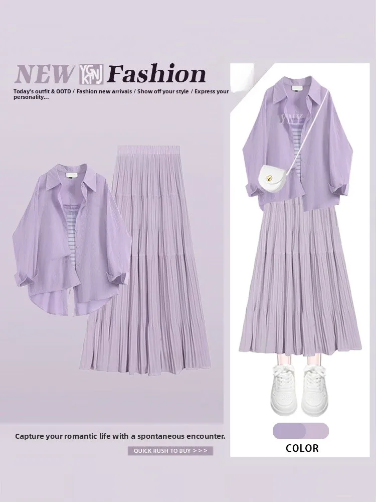 

Soft Sle Purple Striped Long Sve irt And Vest Women's Anti-Aging Pleated Skirt Autumn Faion Tee-Piece Set