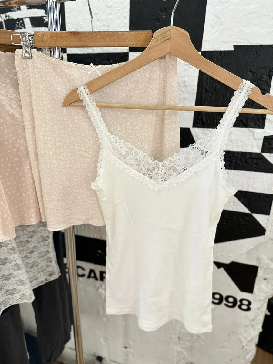 Lace Trim White Basic Crop Top Women Summer Bow Sleeveless V-neck Cotton Camis Sweet Cute All-match Slim Tank Tops Y2k Clothes