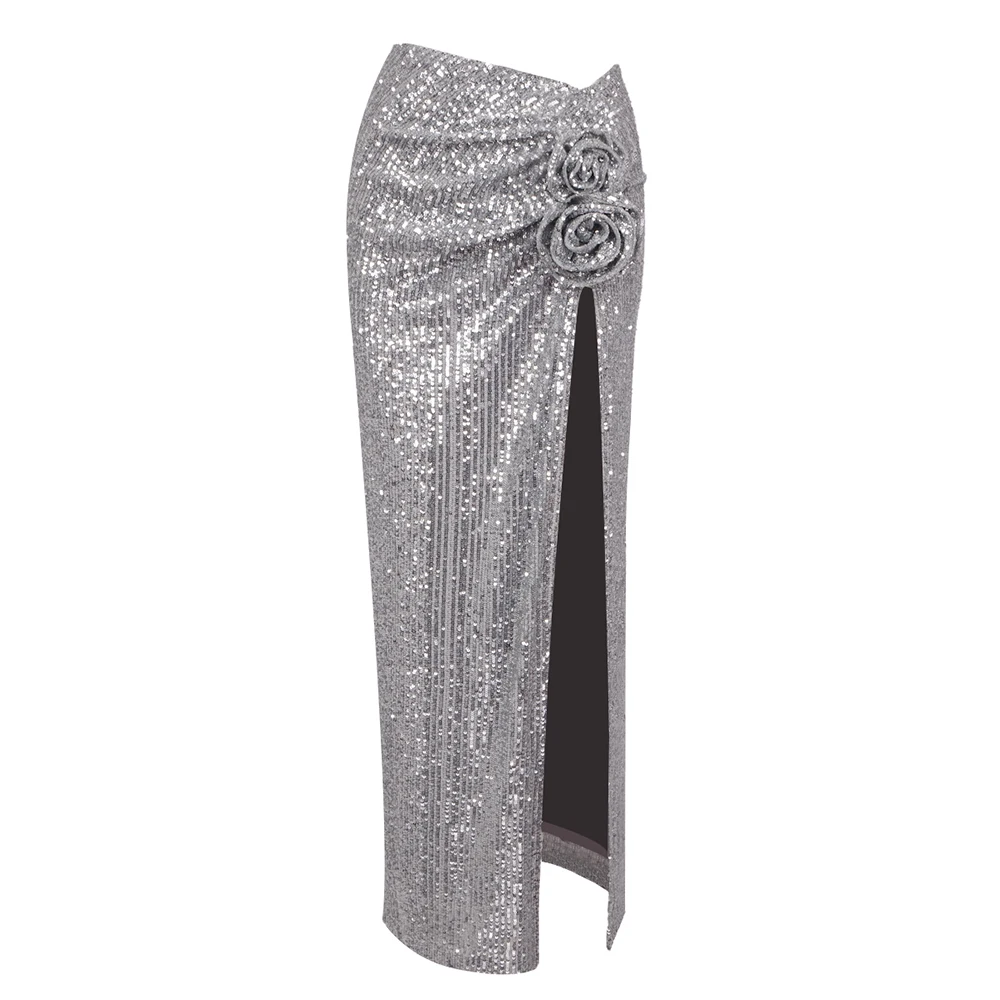 2025 STOCK All Season Shining Sliver Sequins Package Hips Ankle Length Skirt Fashion Woman Party Outfit  Holiday Vestido