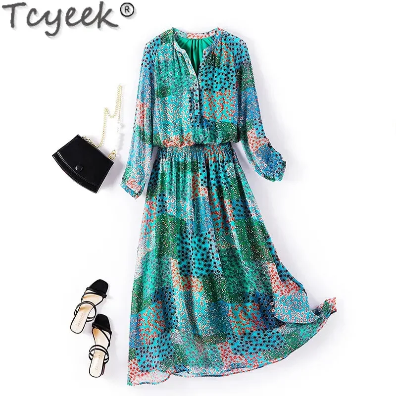 

Tcyeek 100% Mulberry Silk Dresses Woman Beach Dress for Women Summer Real Silk Dresses Women Clothing Floral Dress Full Sleeve