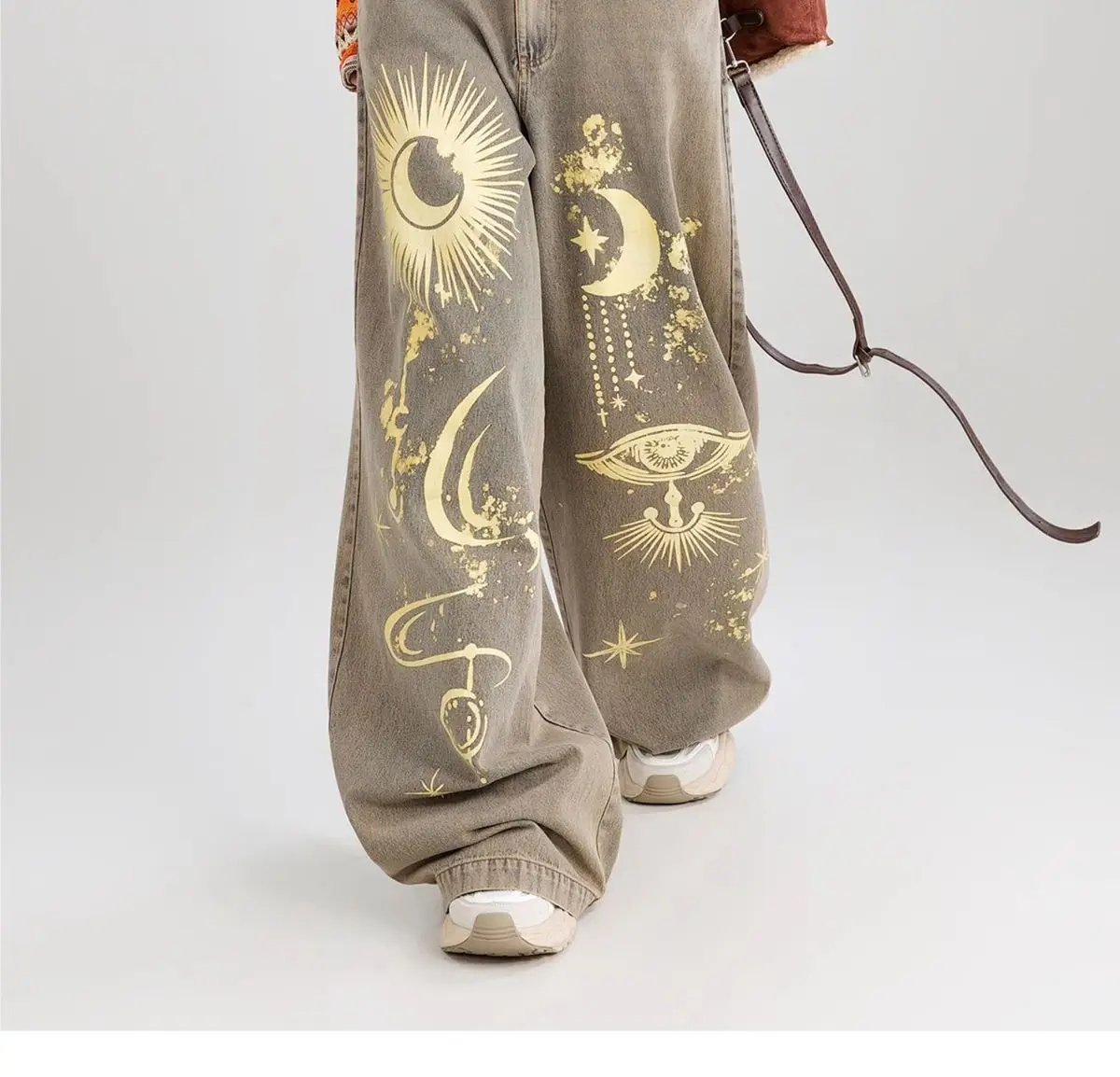 جينز بنات موضة الطباعة الكتابة على الجدران الكورية الجديدة خمر نمط فضفاض المرأة الجينز بنطال ذو قصة أرجل واسعة