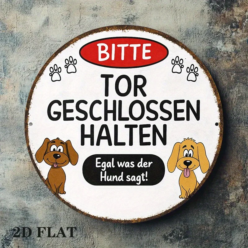 2D Flat - A Round German Aluminum Sign Measuring 8X8 Inches Designed in a Vintage Style Which Reads 'Keep Door Closed'.