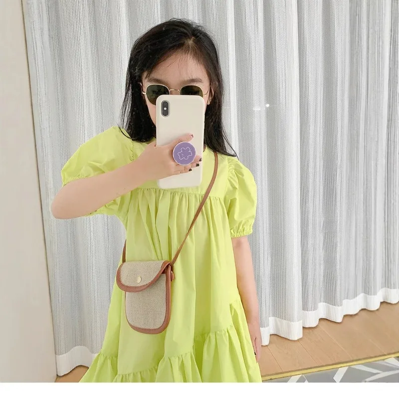 Meninas moda rosa vestido de princesa crianças verão puff manga vestidos casuais crianças estilo coreano malha roupas presente lolita vestido