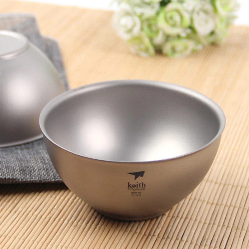 Keith Titanium Bowl 2pcs/set, Double Wall Anti-scalding , Camping Tableware Noodle Rice Bowl, Food Container Dinnerware 250ml