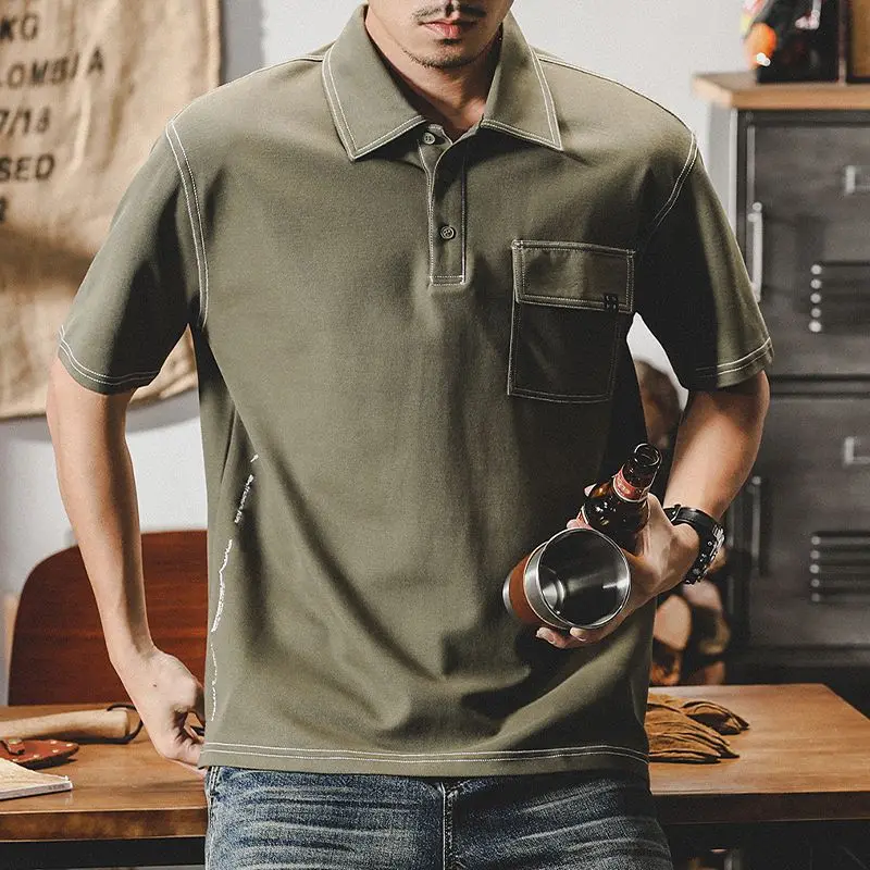 American Retro Lapel Polo Shirt Summer Loose Work T-shirt Short-sleeved Men Top