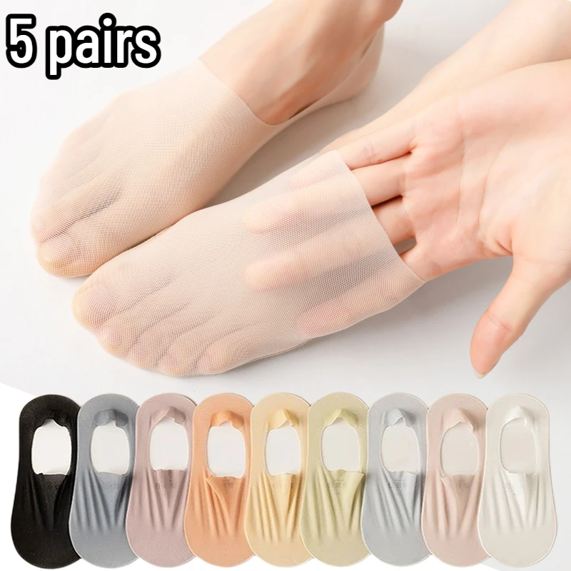 

5Pairs Women Invisible Boat Socks Silicone Non-slip Ultra-thin Breathable Sock Slippers High Quality Elastic Ice Silk Low Sox