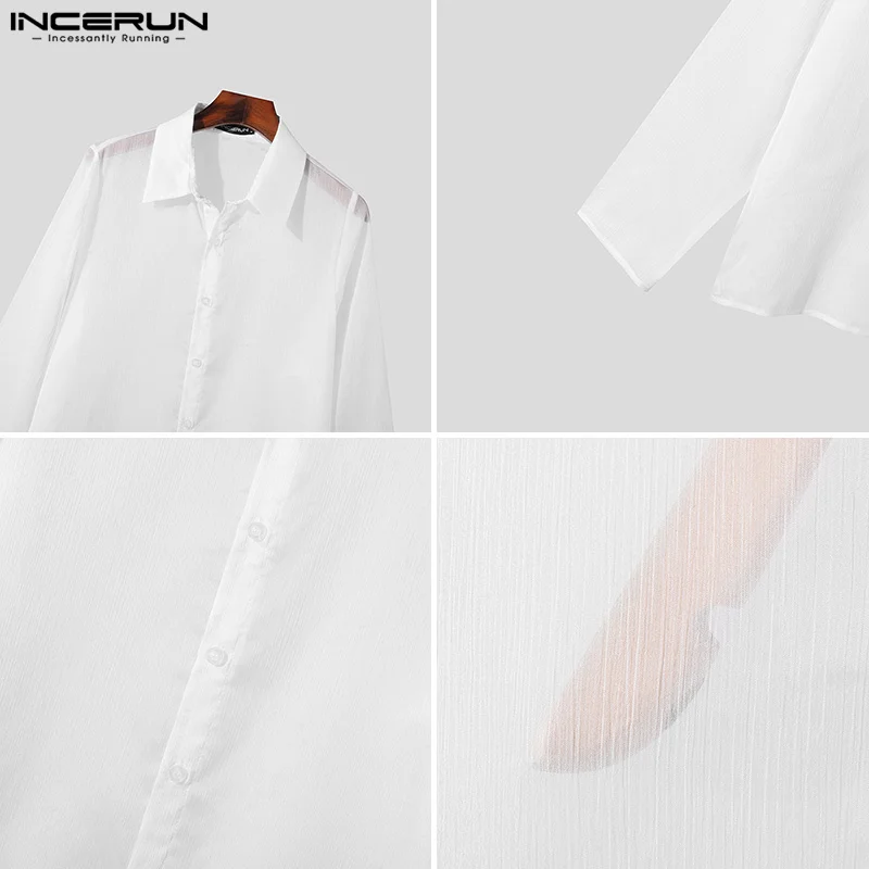 INCERUN Men\'s Shirt Solid Color Transparent Lapel Long Sleeve Casual Men Clothing Streetwear Fashion Leisure Male Shirts S-5XL