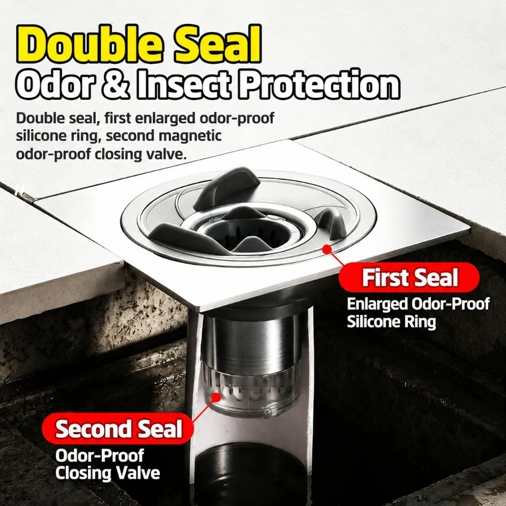 Magnetic Sealing Floor Drain Turbine Guide Double Seal Bathroom Drain Universal Fit Stainless Steel Kitchen Sink Drain
