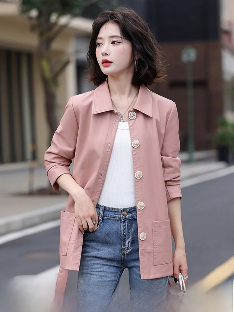 Haining Genuine Leather Jaet Women's 2025 New Spring Autumn eepskin ort Sle Belted Casual Leather Coat