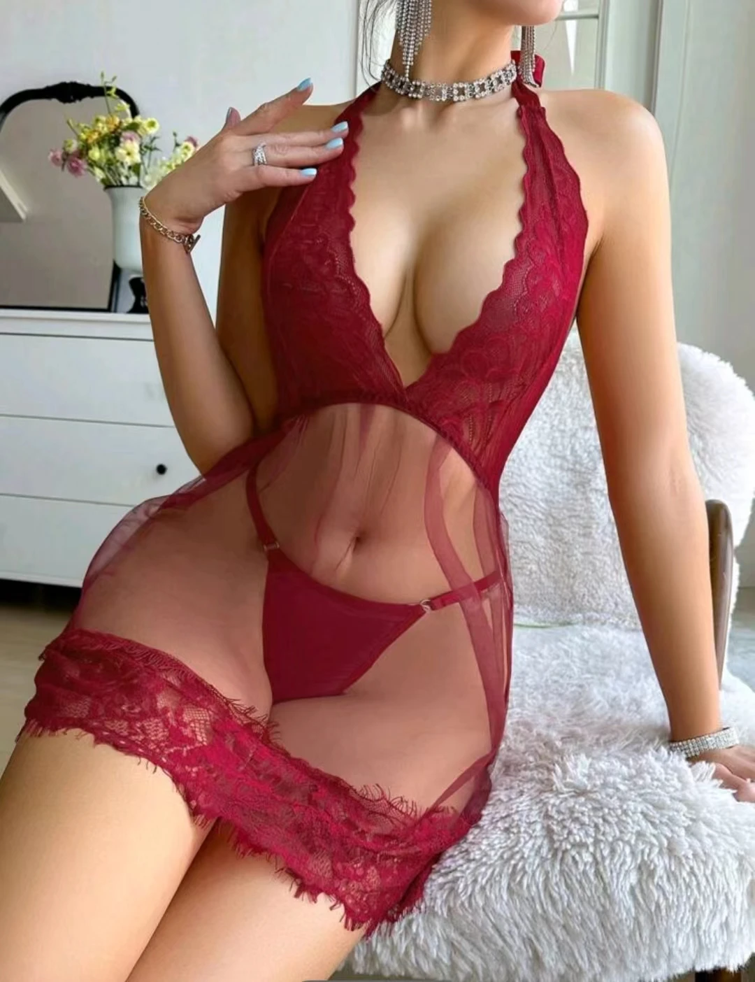 Women\'s Lace Patchwork Wireless Sexy Lingerie Babydoll Dress Set Valentine\'s Day Edition Contrast Lace Mesh Slips With Thong