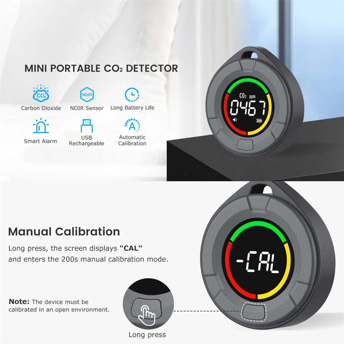 Portable CO2 Detector, Mini Indoor CO2 Monitor, NDIR Sensor with Full Color LCD, for Home, Office, Travel (PTH-10C)