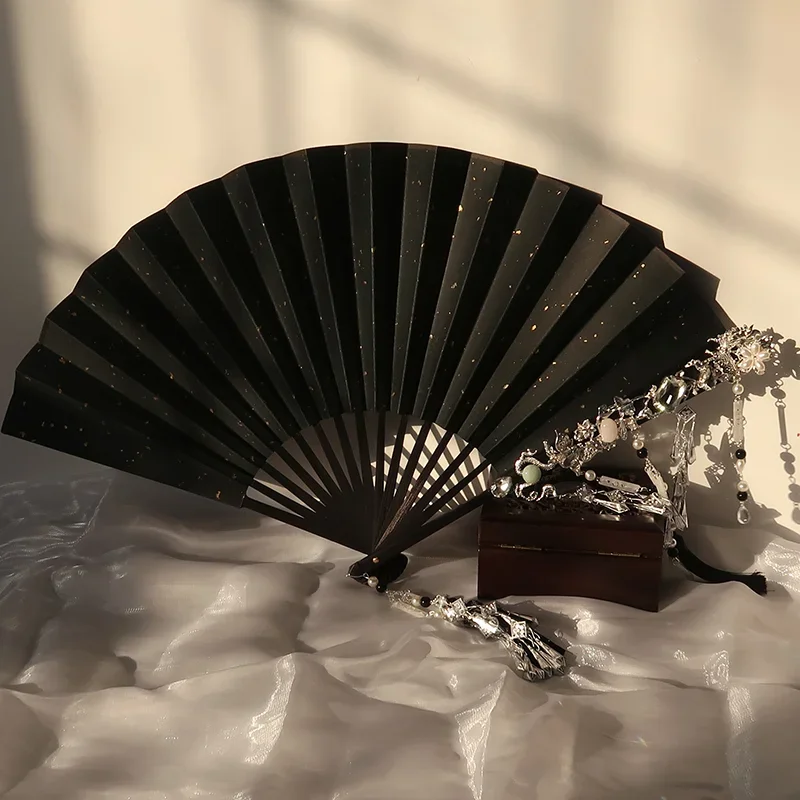 Customized: Handmade folding fan, black bronzing rice paper, Sugong fan surface, ancient style, Chinese style, playing fan, cos