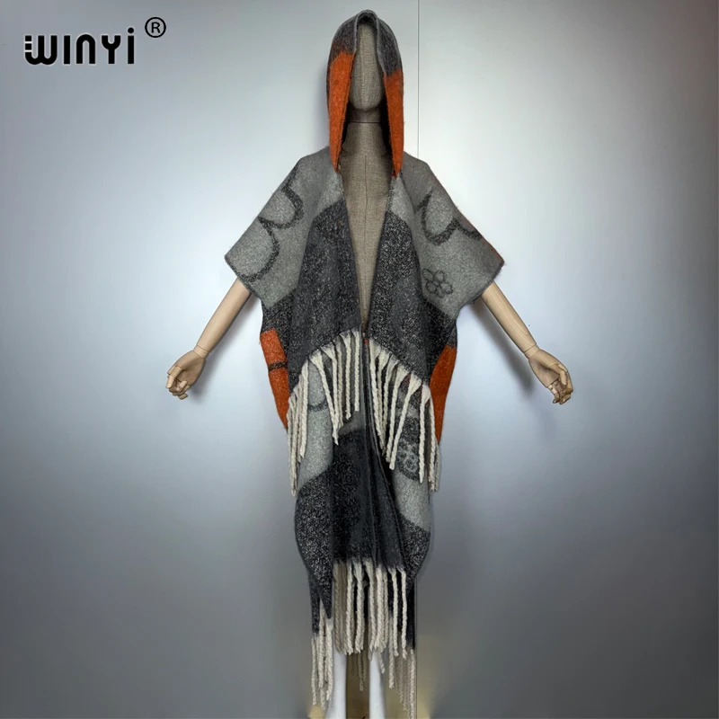 WINYI Afrykański zimowy płaszcz z kapturem dla kobiet, kardigan, abaja, luksusowy strój z Dubaju, płaszcz z otwartym przodem, kimona, długa kurtka puchowa, sukienka-poncho