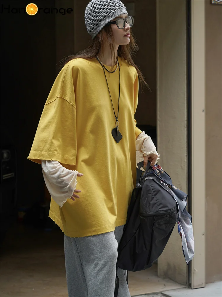 HanOrange 2025 Frühherbst-Garnärmel 600 g Baumwoll-T-Shirt für Damen, lässiges Top, T-Shirts, Weiß/Schwarz/Gelb