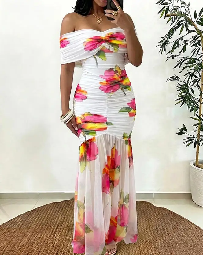 

Women's New Off Shoulder Floral Mesh Maxi Dress Ruched Bodycon Mermaid Dress Elegant Evening Gown with Detachable Clear Straps