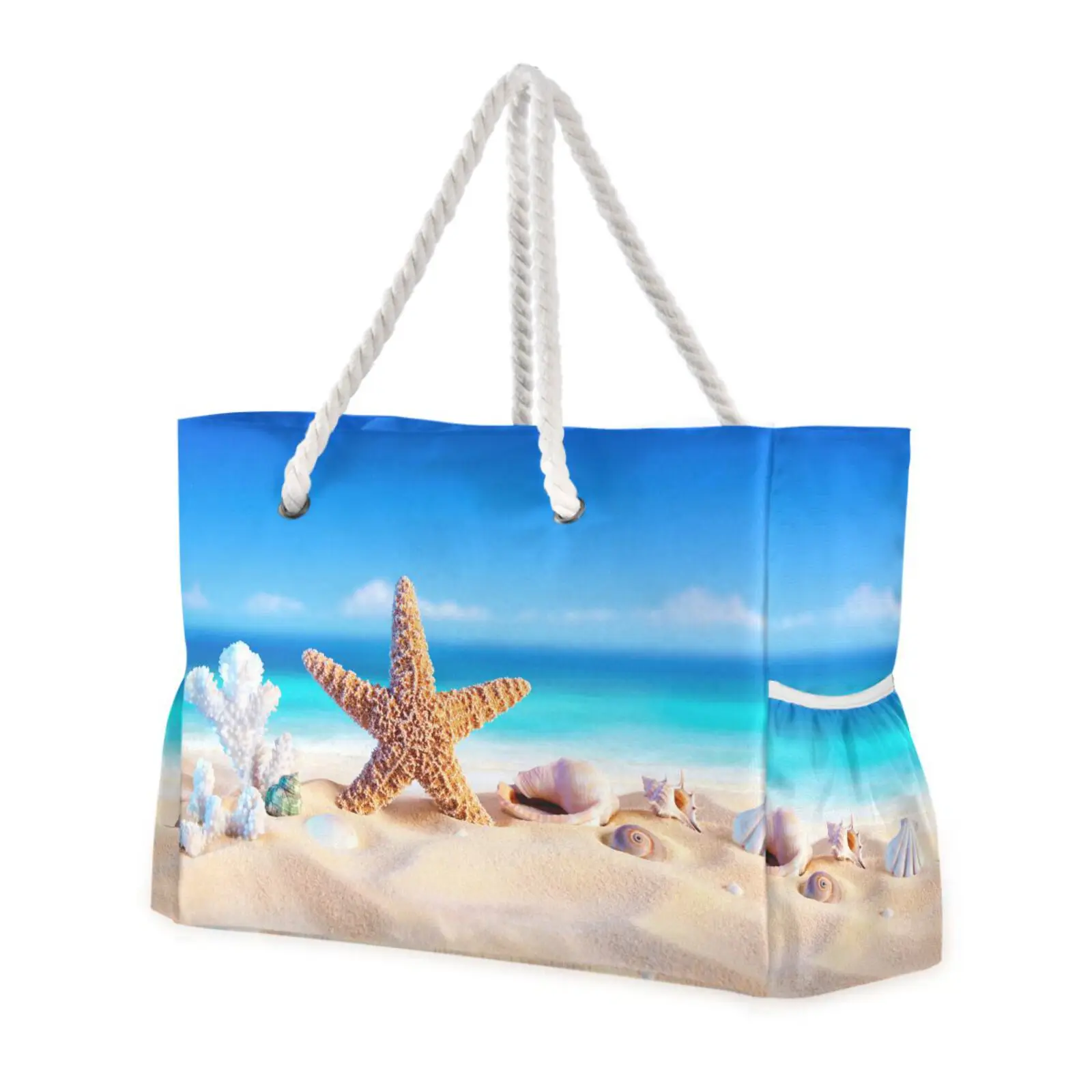 Large Beach Bags for Women Shell Print Beach Tote Bags with Zip Rope Handle Summer Beach Bags Holiday Essentials Travel Bag New