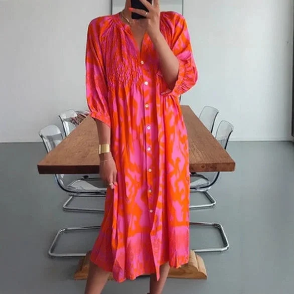 Nowa, luźna, długa spódnica z wysokim stanem, nieregularnym krojem, z kołnierzykiem zapinanym na guziki, z nadrukiem cyfrowym, wykonana z poliestru, idealna na lato, damska, pojedyncza sztuka, model 2025.