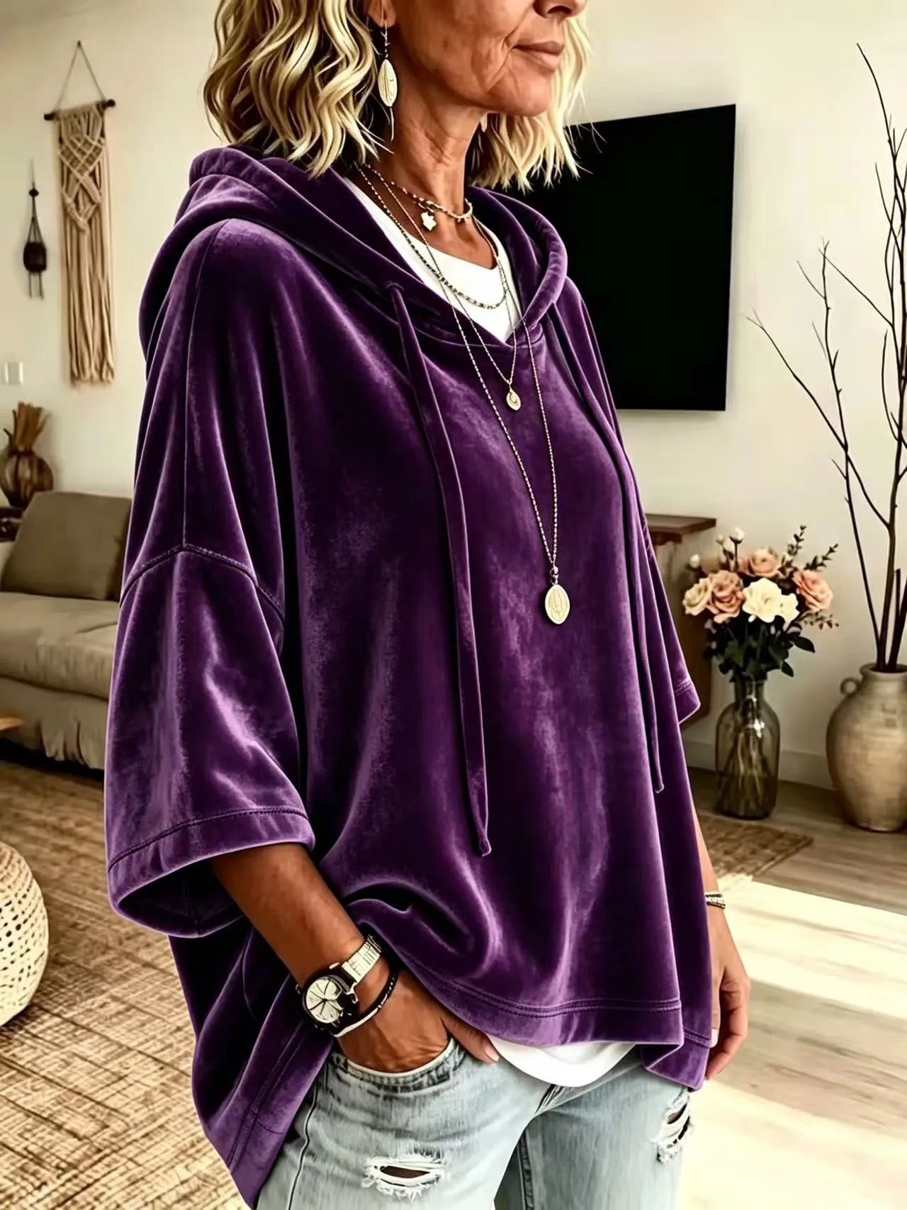 Neuer Herbst-Winter Damen Einfarbiger Samt-Hoodie mit 3/4-Ärmeln Lässige Oberteile – Detail 22