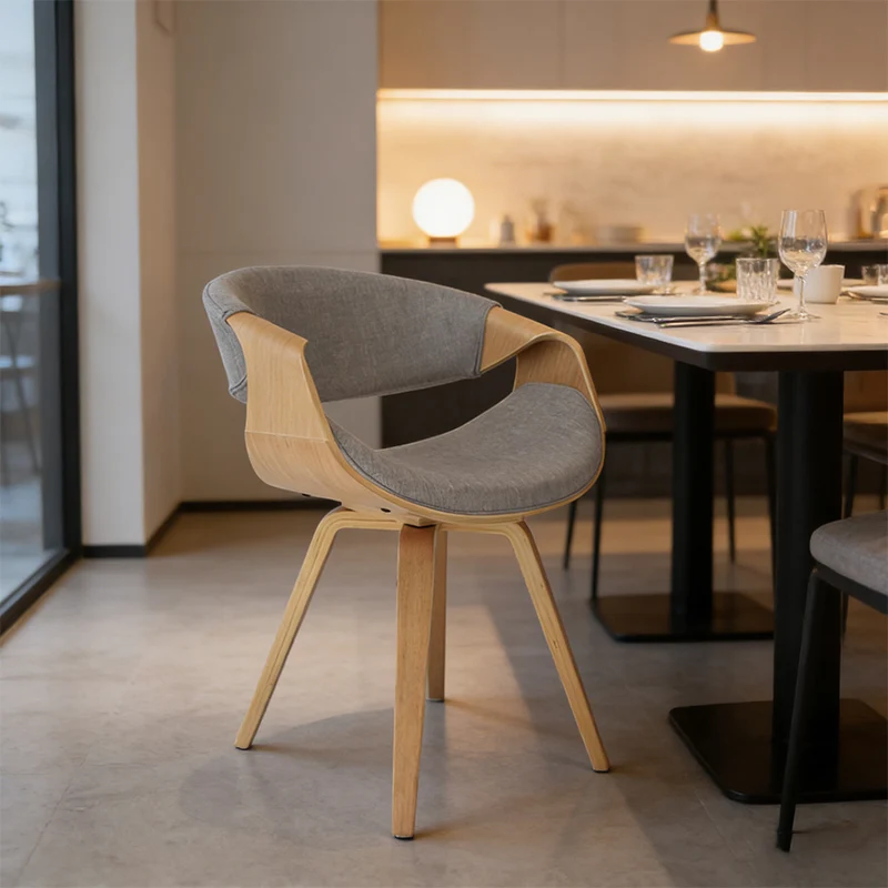 Modern Curved Back Dining Chair Padded Linen Seat & Wooden Legs Ergonomic Comfort for Home Kitchen Restaurant Cafe