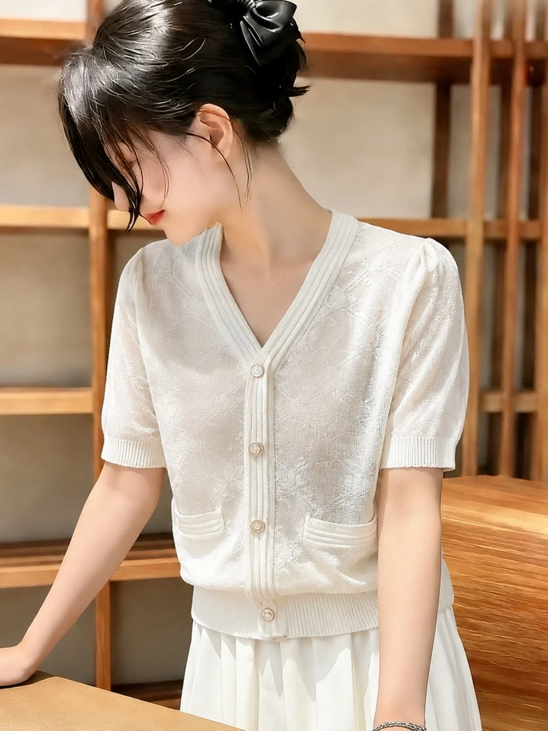 Elegant V-Neck Ice Silk Knitted Top Slimming Design Korean Style Summer Fashionable Women's Shirt Short Sleeve Pure Color
