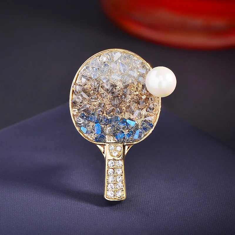 Sports Style Crystal Table Tennis Racket Brooches For Women Men Trendy Personalized Pearl Table Tennis Brooch Lapel Pins Jewelry