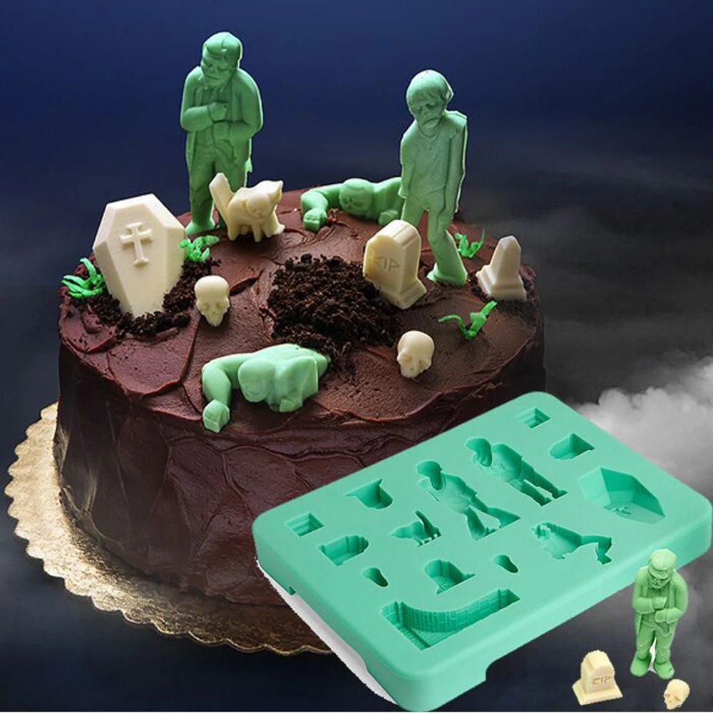 

Halloween Creative Chocolate Mould Cake Ice Lattice Tools Zombie Coffin Tomb Skeleton Cat Cake Decoration Candy Silicone Molds