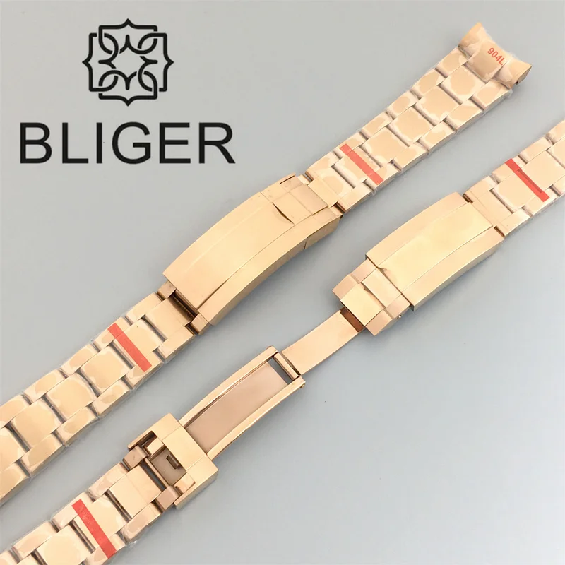 BLIGER 20mm Oysters Watch Braclete 904L Solid Stainless Steel Folding Buckle Glide Lock Mens Strap Suitable for 40mm41mm Case