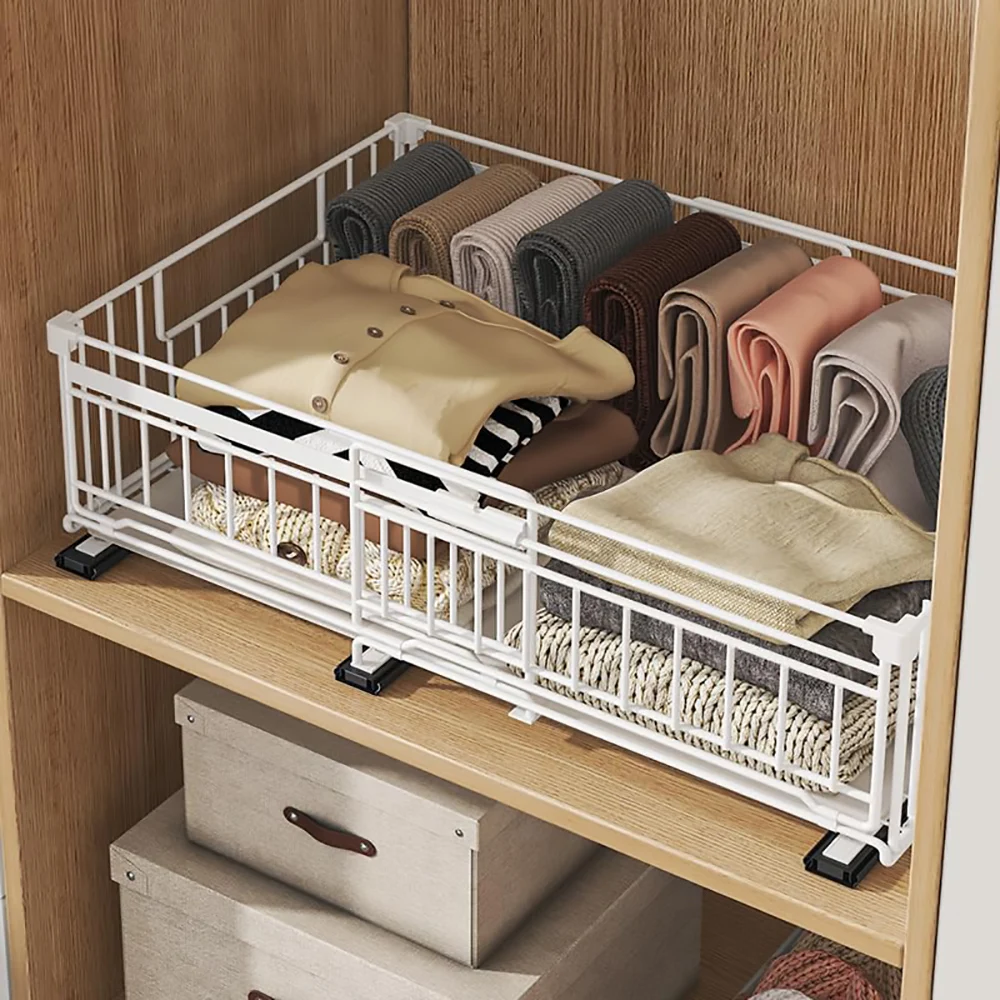 Cestello estraibile in acciaio al carbonio per armadi, larghezza regolabile da 32,5 a 50 cm, cassetto scorrevole in metallo silenzioso, ripiano per armadio da cucina, scaffale organizer scorrevole in