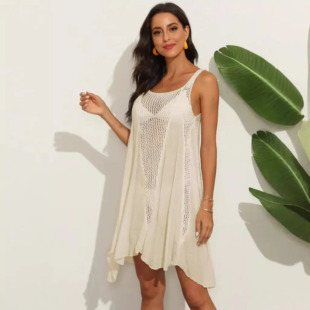 Women's European And American Style Skirt Hand Hook Stitching Irregular Large Pendulum Vest Beach Dress Blouse A906