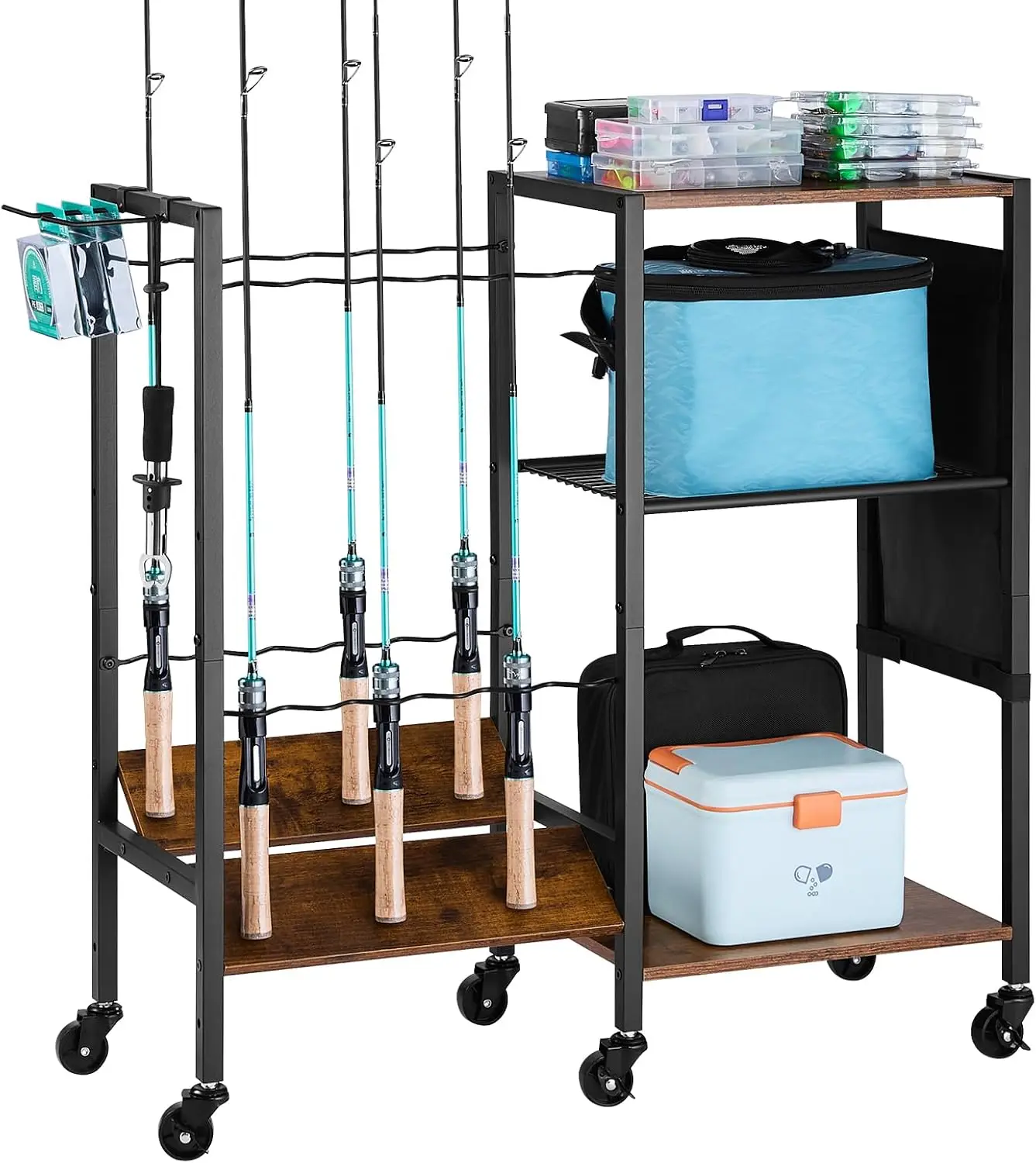 Fishing Rod Holder for 12-Rods, Mobile Fishing Pole Rack Cart with Wheels, Fish Gear Equipment Organizer for Garage Home Indoor