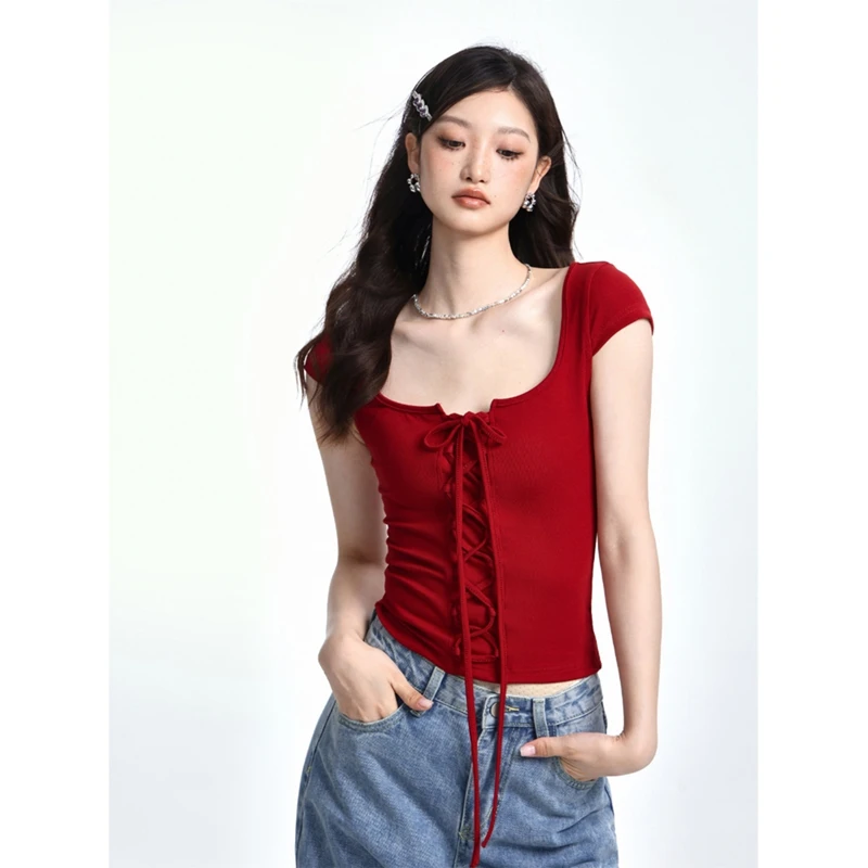 

American style tied short sleeved women's summer hot girl style waist cinching slimming straight shoulder short T-shirt