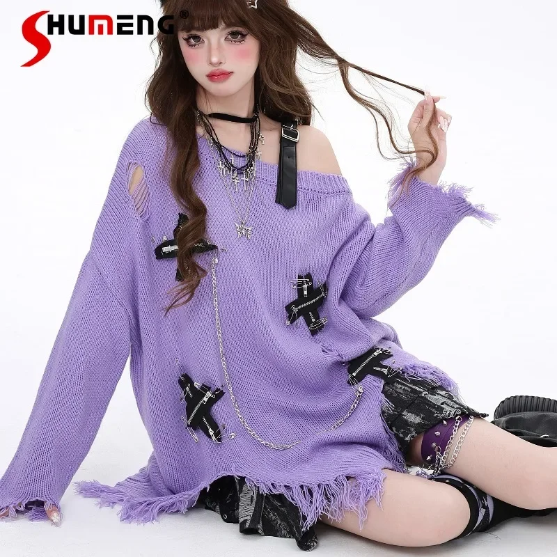 2024 Autumn And Winter New Japanese Sweater Original Hole Tassel Off The Shoulder Loose Unique Design Knitwear Top Streetwear