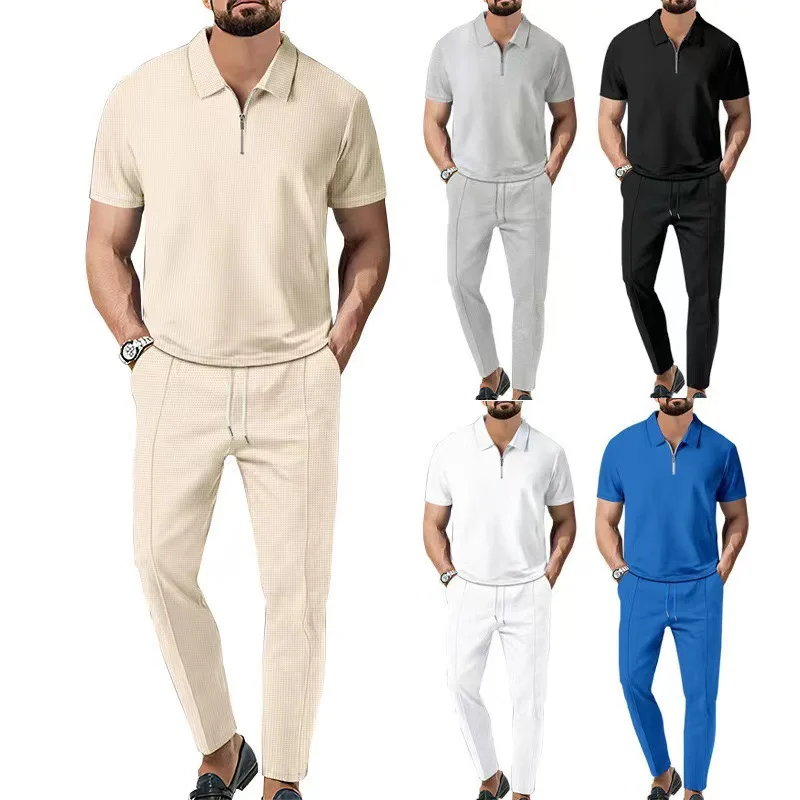 2024 Spring/Summer New Men\'s Set European-style Plus-size Men\'s Clothing Solid Color Lapel T-shirt And Pants Two-piece Set