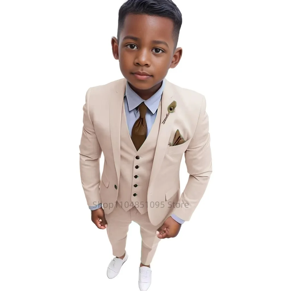 

Beige High Quality Boy Suits Slim Fit Single Breasted Notch Lapel Blazer Elegant Boy 3 Piece Jacket Pants Vest Prom Kids Sets