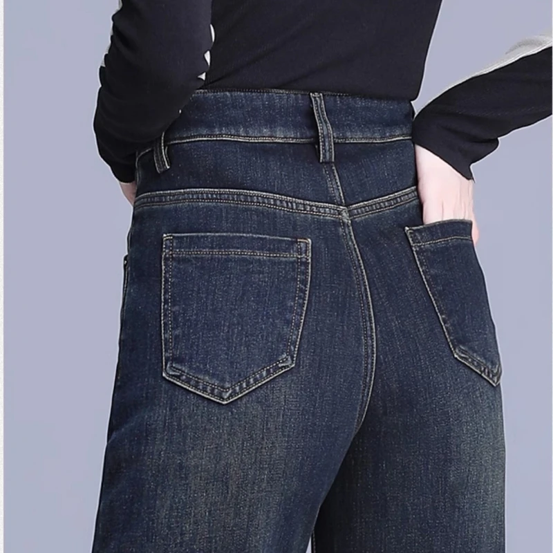 Engrossado cashmere versão estreita calças perna jeans feminino 2026 inverno nova cintura alta fina reta solta calças compridas temperamento