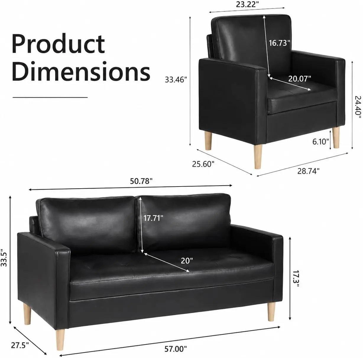 3 Piece Black Faux Leather Modern Small Couch and Chair Set for Office | Tufted Upholstery Comfy Furniture Set with Wood Legs,Co