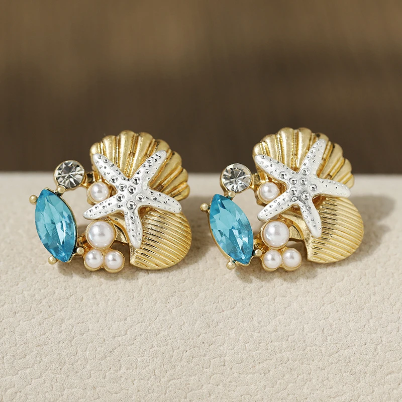 Starfish earrings metal shell imitation pearls fashionable simple retro good-looking earrings suitable for ladies to wear daily